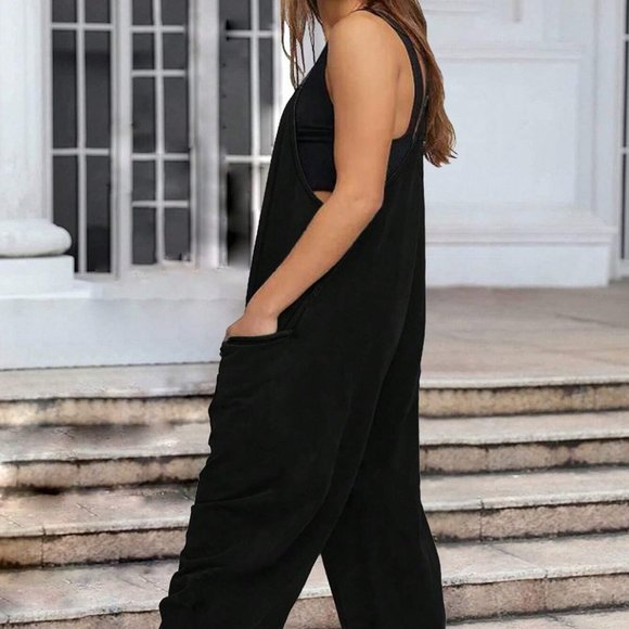 Black Boho Womens Dual Pocket Drop Crotch Hem Cami Jumpsuit - Picture 2 of 4